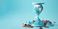 Plasticine planet Earth melting in hourglass on blue background. Anti-war idea, climate change or global pollution. Generative AI