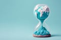 Plasticine planet Earth melting in hourglass on blue background. Anti-war idea, climate change or global pollution. Generative AI