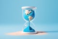 Plasticine planet Earth melting in hourglass on blue background. Anti-war idea, climate change or global pollution. Generative AI