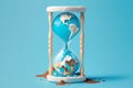 Plasticine planet Earth melting in hourglass on blue background. Anti-war idea, climate change or global pollution. Generative AI