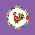Plasticine rooster portrait with floral frame Royalty Free Stock Photo