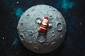 Plasticine Santa Claus lies on the moon. Christmas card