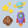 Plasticine space. Universe technology systems satellite rockets telescope decent vector clay stylized realistic