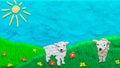 Plasticine texture. Little lambs in a meadow with flowers. Plasticine children`s style