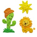 Plasticized little lion, good cactus and the sun. Isolated objects on a white background. Plasticine children`s style Royalty Free Stock Photo