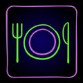 Fork and knife canteen food purple and green neon pictogram