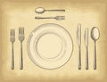Hand drawn plate spoons, forks and knifes on old craft paper texture background. Engraved style vector illustration. Royalty Free Stock Photo