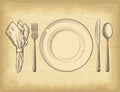 Hand drawn plate spoons, forks and knifes on old craft paper texture background.