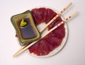 A plate of ahi, yellow fin tuna, sashimi