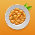 Plate with almonds nuts and green leaves. Realistic 3d illustration. Top view. Vector template for packaging design, labels