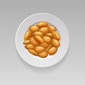 Plate with almonds on white isolated background. Realistic 3d illustration. Top view. Vector template for pack design, labe