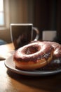 A plate of American donuts with chocolate frosting.