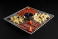 A plate with appetizers, various types of sausages, cheese, and olives