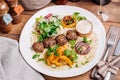 Plate of arabic kebab meat with grilled vegetables