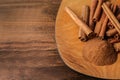 Plate with aromatic cinnamon powder and sticks Royalty Free Stock Photo