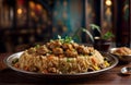 A plate of Asian pakistani indian dish beef biryani rice and meat sits