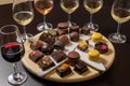 plate of assorted chocolates, paired with diverse selection of wines