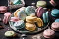 plate with assorted french macaron cookiesGenerative AI