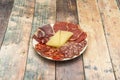 Plate of assorted Iberian sausages and Manchego cheese served in Spanish tapas bar Royalty Free Stock Photo