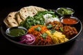 A plate of assorted Indian street food on black background
