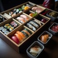 Plate with assorted japanese sushi. Japanese bento sushi and soba