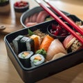 Plate with assorted japanese sushi. Japanese bento sushi and soba
