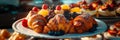 plate of assorted pastries, showcasing a variety of flaky croissants, fruit tarts, and cream puffs in vibrant detail