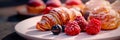 plate of assorted pastries, showcasing a variety of flaky croissants, fruit tarts, and cream puffs in vibrant detail