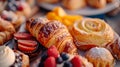 plate of assorted pastries, showcasing a variety of flaky croissants, fruit tarts, and cream puffs in vibrant detail