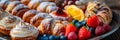 plate of assorted pastries, showcasing a variety of flaky croissants, fruit tarts, and cream puffs in vibrant detail