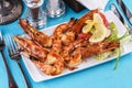 Plate with assorted sea grill for beer. Fried king prawns with lemon, mussels with oyster sauce, Colmar rings, crab meat Royalty Free Stock Photo