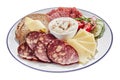 Plate of assorted spicy sausages and cheese Royalty Free Stock Photo