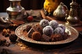 a plate of assorted truffle candies with cocoa powder on a wooden table