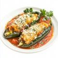A plate of authentic Mexican chiles rellenos, featuring large poblano peppers stuffed with gooey Royalty Free Stock Photo
