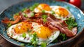 A plate of bacon, eggs and greens on a blue bowl, AI Royalty Free Stock Photo
