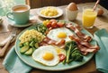 a plate of bacon, eggs and vegetables