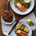 A plate of baked salmon with a side of quinoa pilaf1, Generative AI