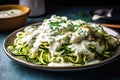 plate of baked zucchini noodles, topped with creamy cheese sauce