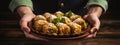 a plate of baklava in the hands of the cook. Selective focus.