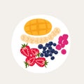 Plate with a beautiful breakfast. Fruit and berries set. Mango, raspberries, strawberries, blueberries, bananas. top view vector