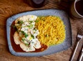 Dish of beef cheeks with creamy mushroom sauce and ptitim paste. Royalty Free Stock Photo