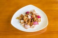 Plate of beef with wok-sautÃÂ©ed onions with yakitori sauce Royalty Free Stock Photo