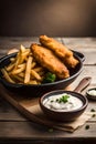 A plate of battered fish and chips with a side of tartar sauce.