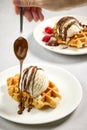 plate of belgian waffle with ice cream Royalty Free Stock Photo