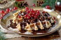 Plate of Belgian waffles with chocolate sauce and currant fruit Royalty Free Stock Photo
