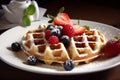 A plate with belgian waffles with fresh berries. Generated AI