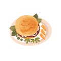 Plate with big appetizing burger decorated with greens and carrot. Delicious food for breakfast. Flat vector icon with