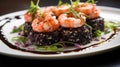 A plate of black rice and succulent shrimp, a culinary delight.