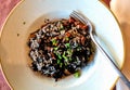Black risotto with chunks of octopus Royalty Free Stock Photo