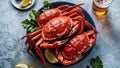 A plate of a blue bowl with some crabs and lemon wedges, AI Royalty Free Stock Photo